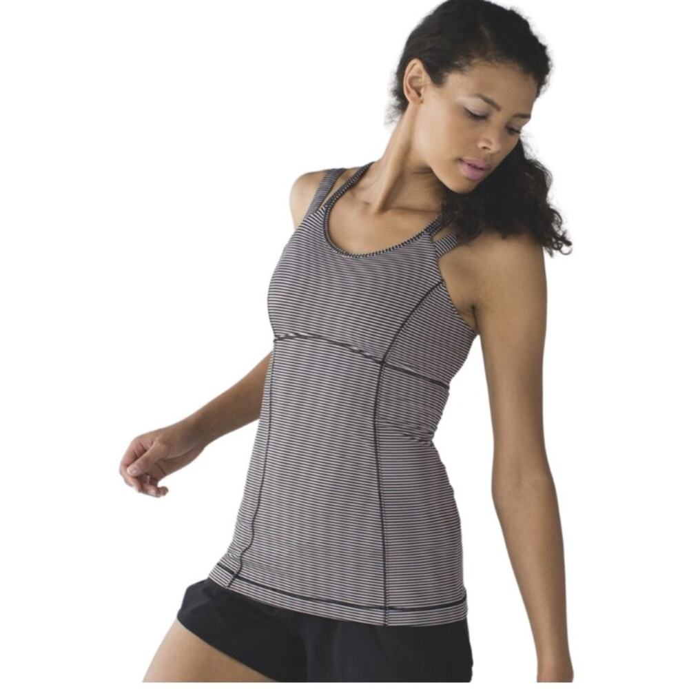 Lululemon happy strappy criss cross tank top 4 pink black striped athleisure